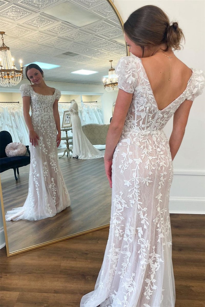 Appliques Square Neck Puff Sleeves Long Prom Dresses