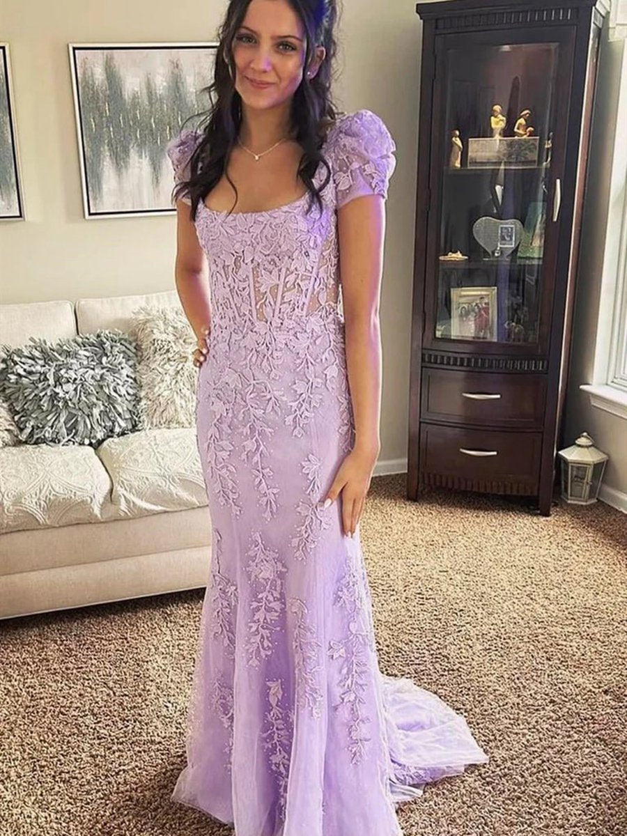Appliques Square Neck Puff Sleeves Long Prom Dresses