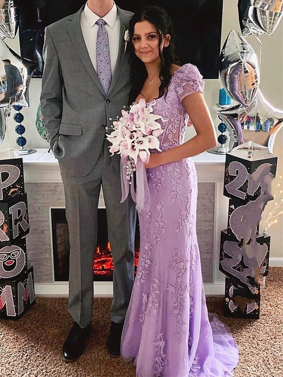 Appliques Square Neck Puff Sleeves Long Prom Dresses