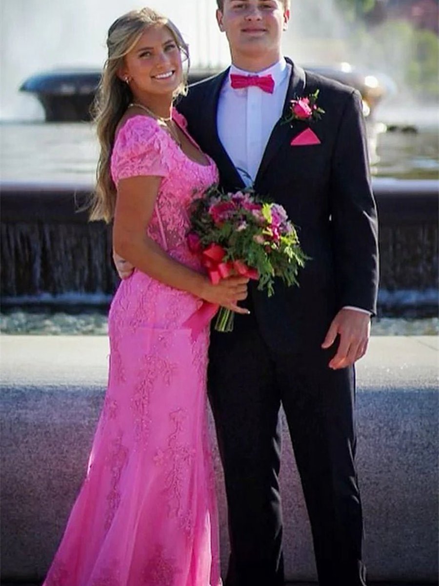 Appliques Square Neck Puff Sleeves Long Prom Dresses