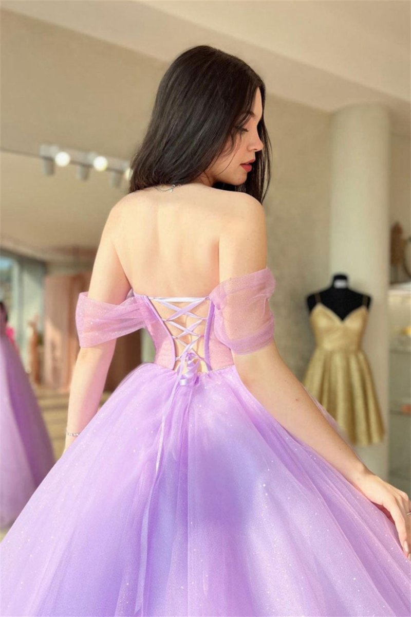 Off-the-Shoulder Lace-Up Tulle Long Prom Dresses