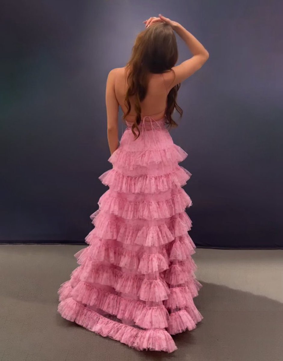 A-line Spaghetti Straps Open Back Tie Long Prom Dresses