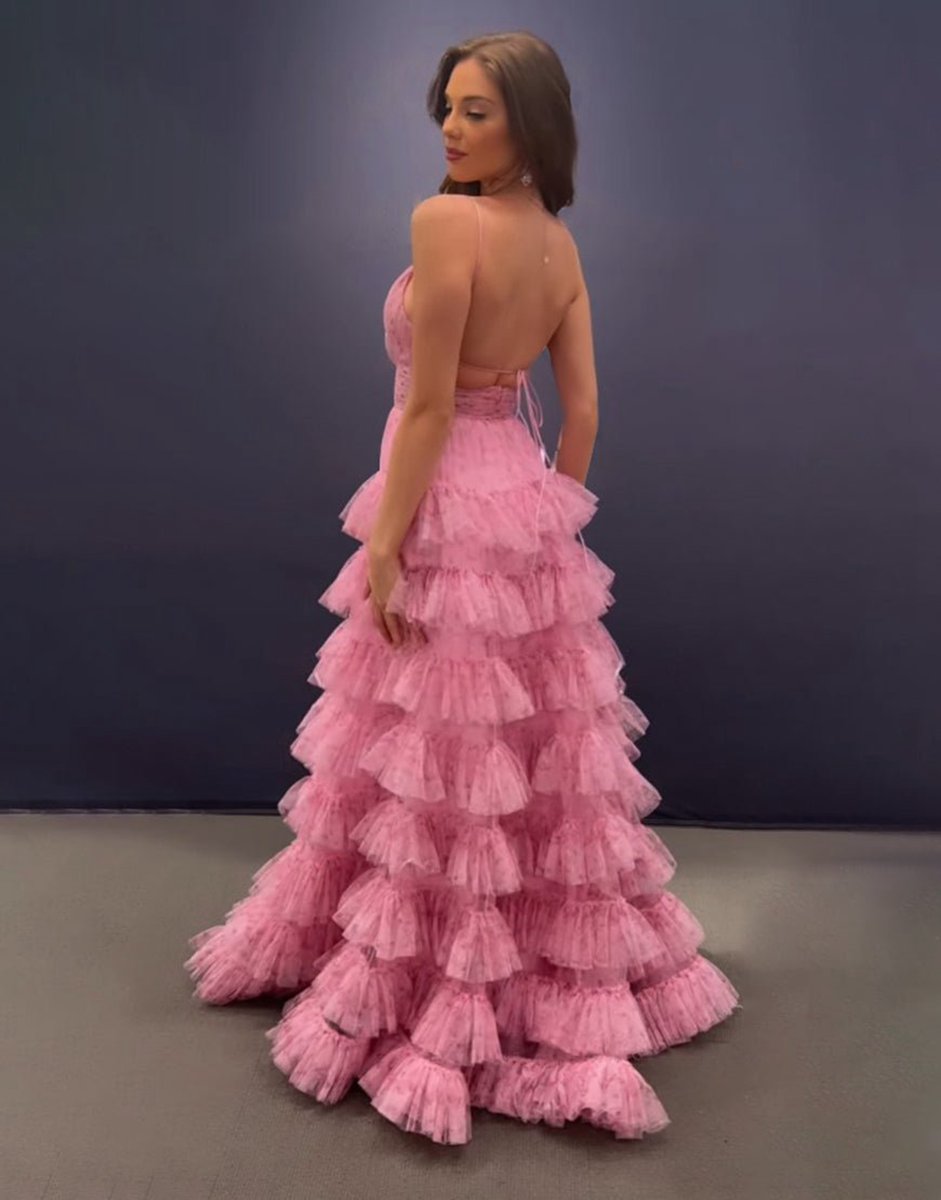 A-line Spaghetti Straps Open Back Tie Long Prom Dresses