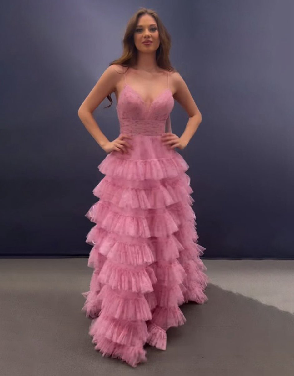 A-line Spaghetti Straps Open Back Tie Long Prom Dresses
