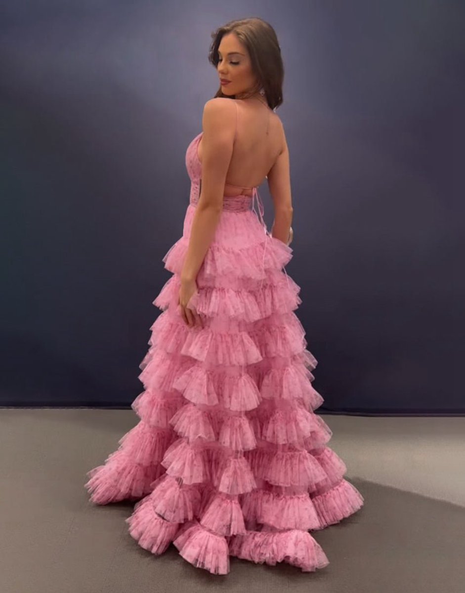 A-line Spaghetti Straps Open Back Tie Long Prom Dresses