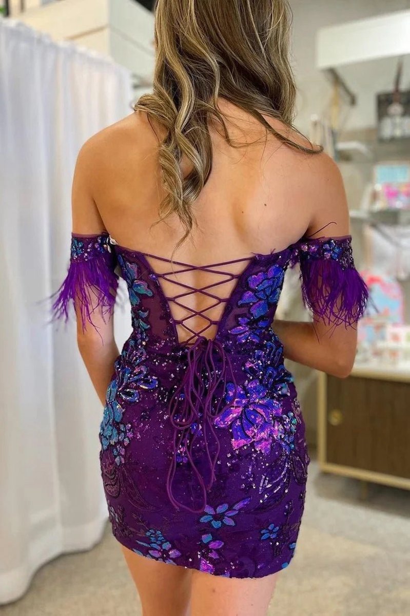 Bodycon Lace Feathers Off-the-Shoulder Short with Sequin Appliques Homecoming Dresses