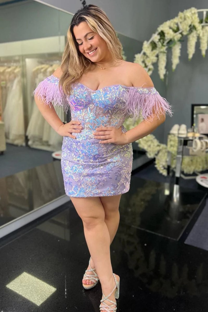 Bodycon Lace Feathers Off-the-Shoulder Short with Sequin Appliques Homecoming Dresses