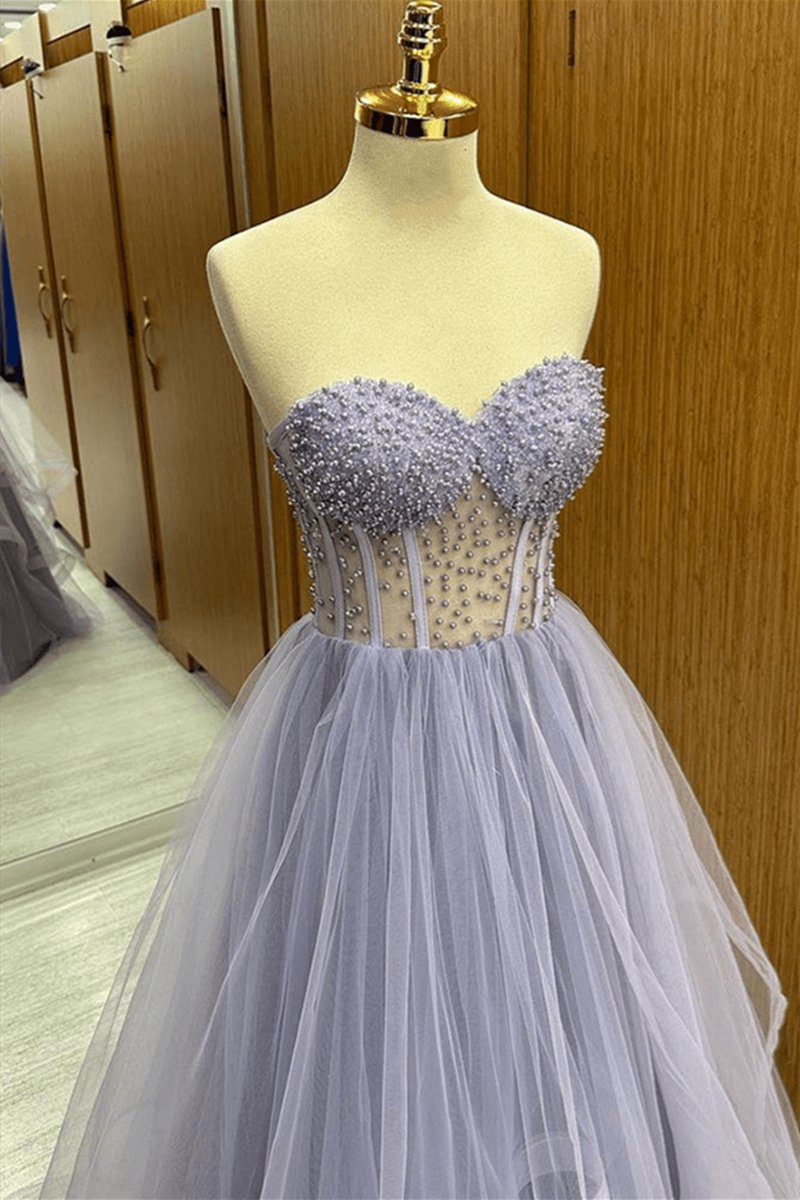 Strapless Beaded Ruffle-Layers Tulle Long Prom Dresses