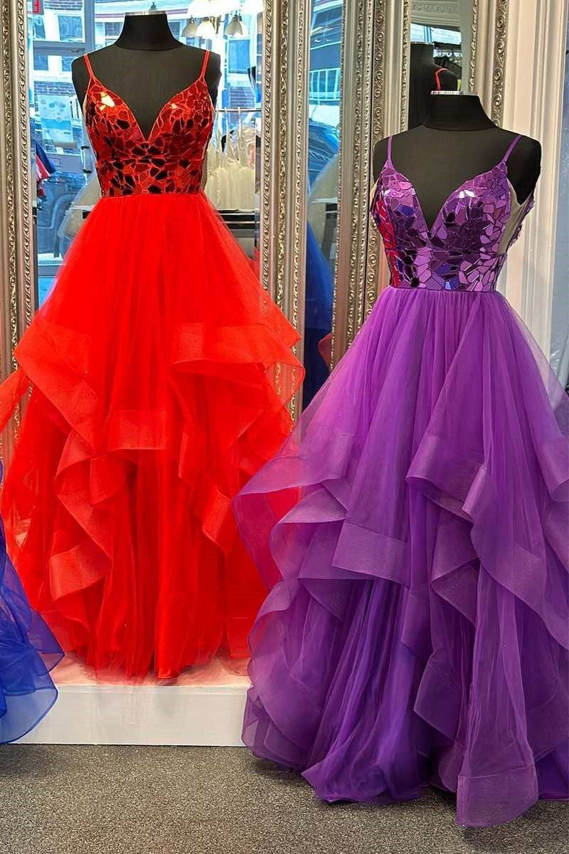 A-line V-Neck Mirror-Cut Sequins Ruffle Layered rs Long Prom Dresses