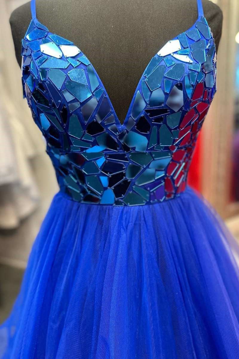 A-line V-Neck Mirror-Cut Sequins Ruffle Layered rs Long Prom Dresses