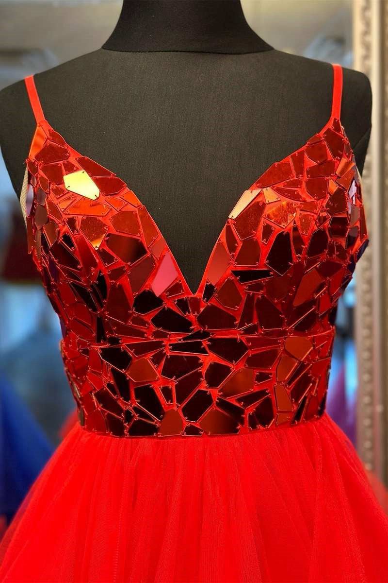 A-line V-Neck Mirror-Cut Sequins Ruffle Layered rs Long Prom Dresses