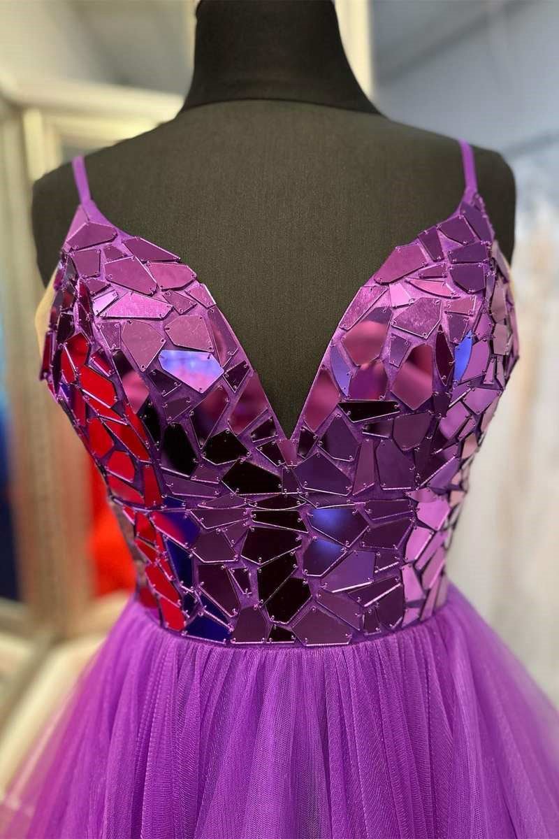 A-line V-Neck Mirror-Cut Sequins Ruffle Layered rs Long Prom Dresses