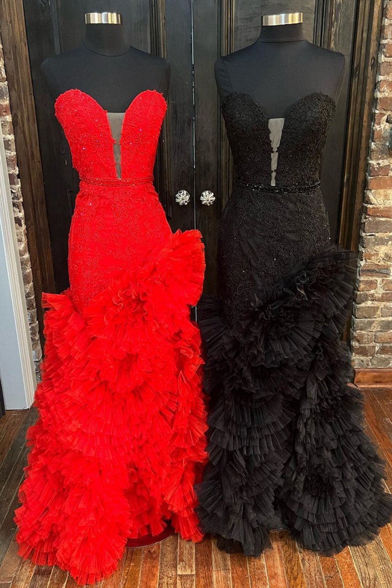 Strapless Cut-Out Back Ruffle Layered rs Mermaid Prom Dresses