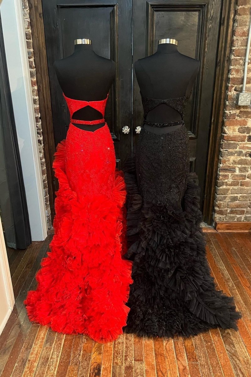 Strapless Cut-Out Back Ruffle Layered rs Mermaid Prom Dresses