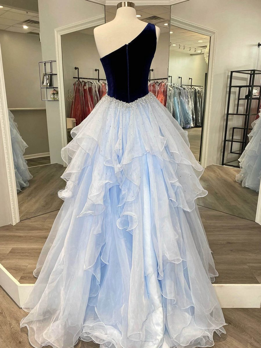 Ruffle One Shoulder Velvet Top Long Formal Dresses