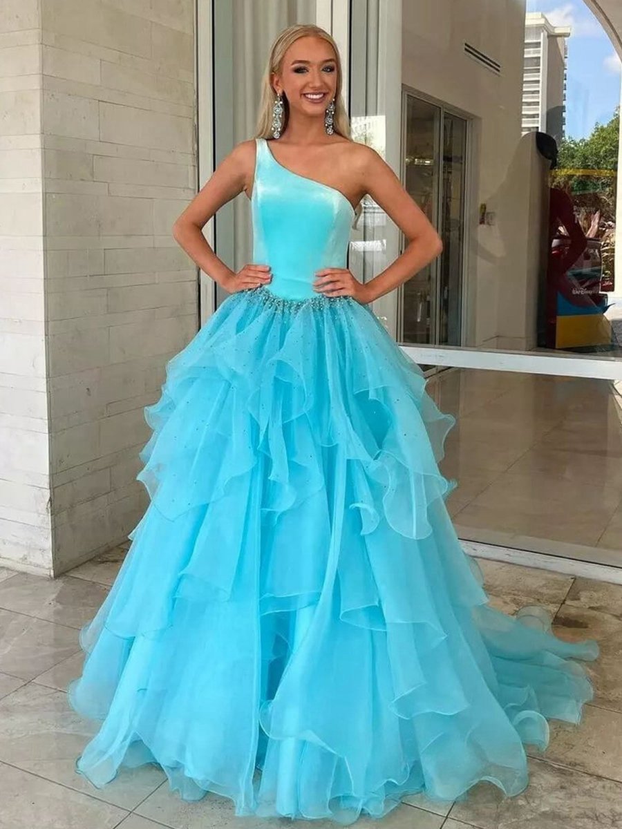 Ruffle One Shoulder Velvet Top Long Formal Dresses