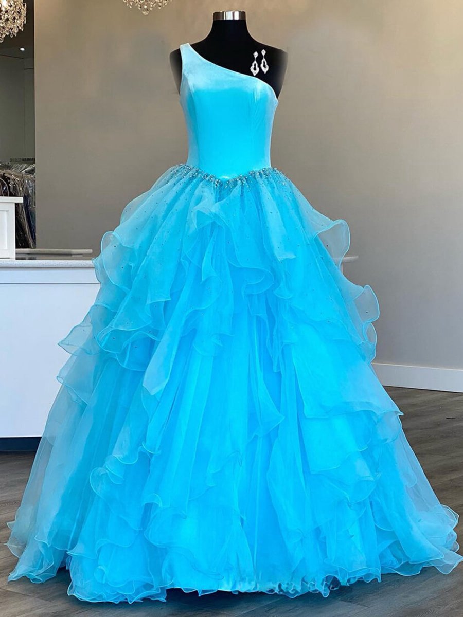 Ruffle One Shoulder Velvet Top Long Formal Dresses