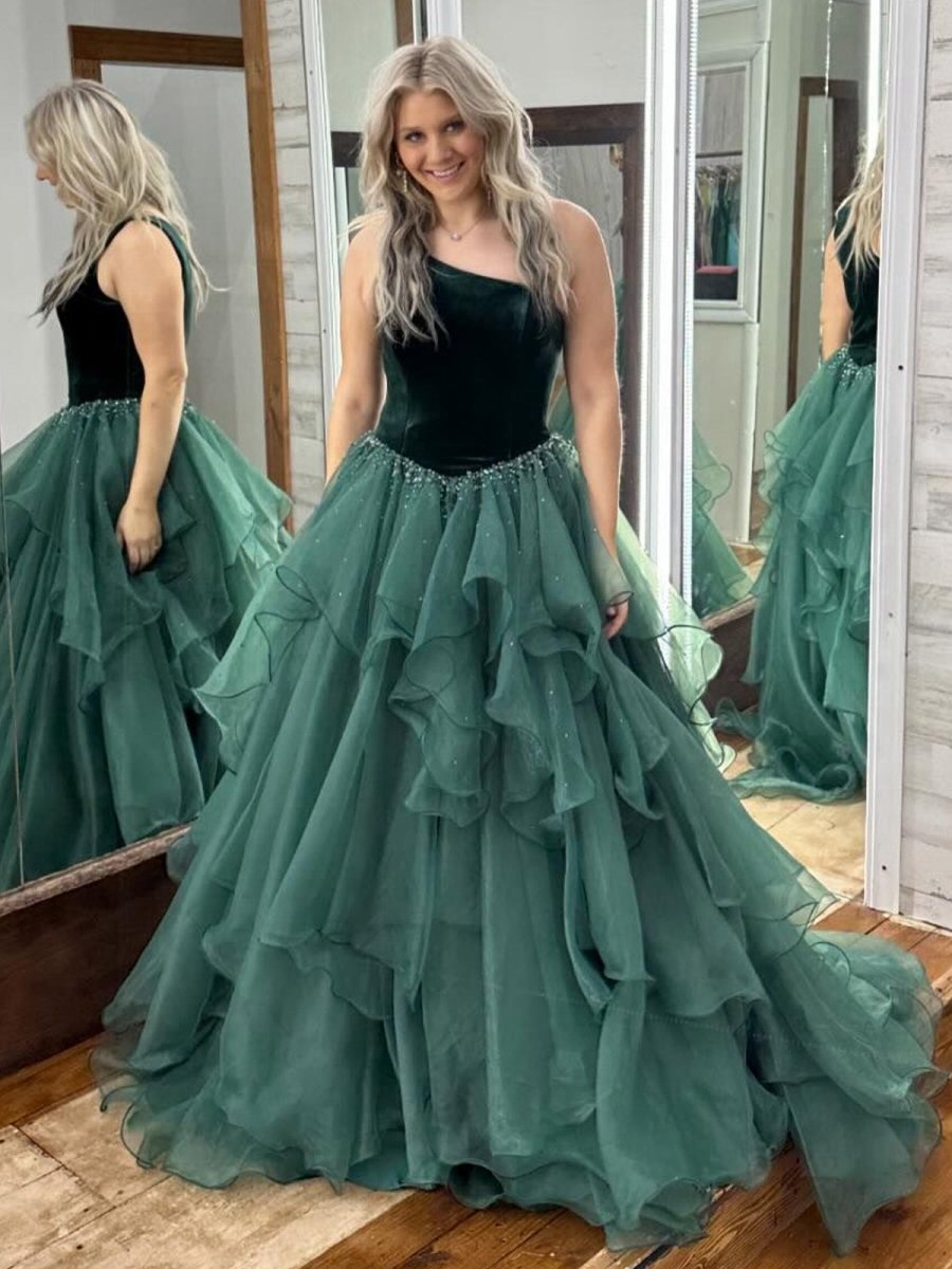 Ruffle One Shoulder Velvet Top Long Formal Dresses