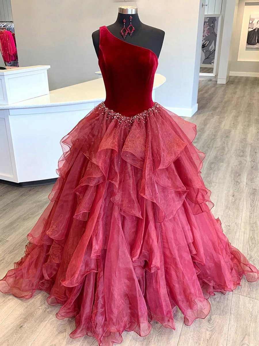 Ruffle One Shoulder Velvet Top Long Formal Dresses