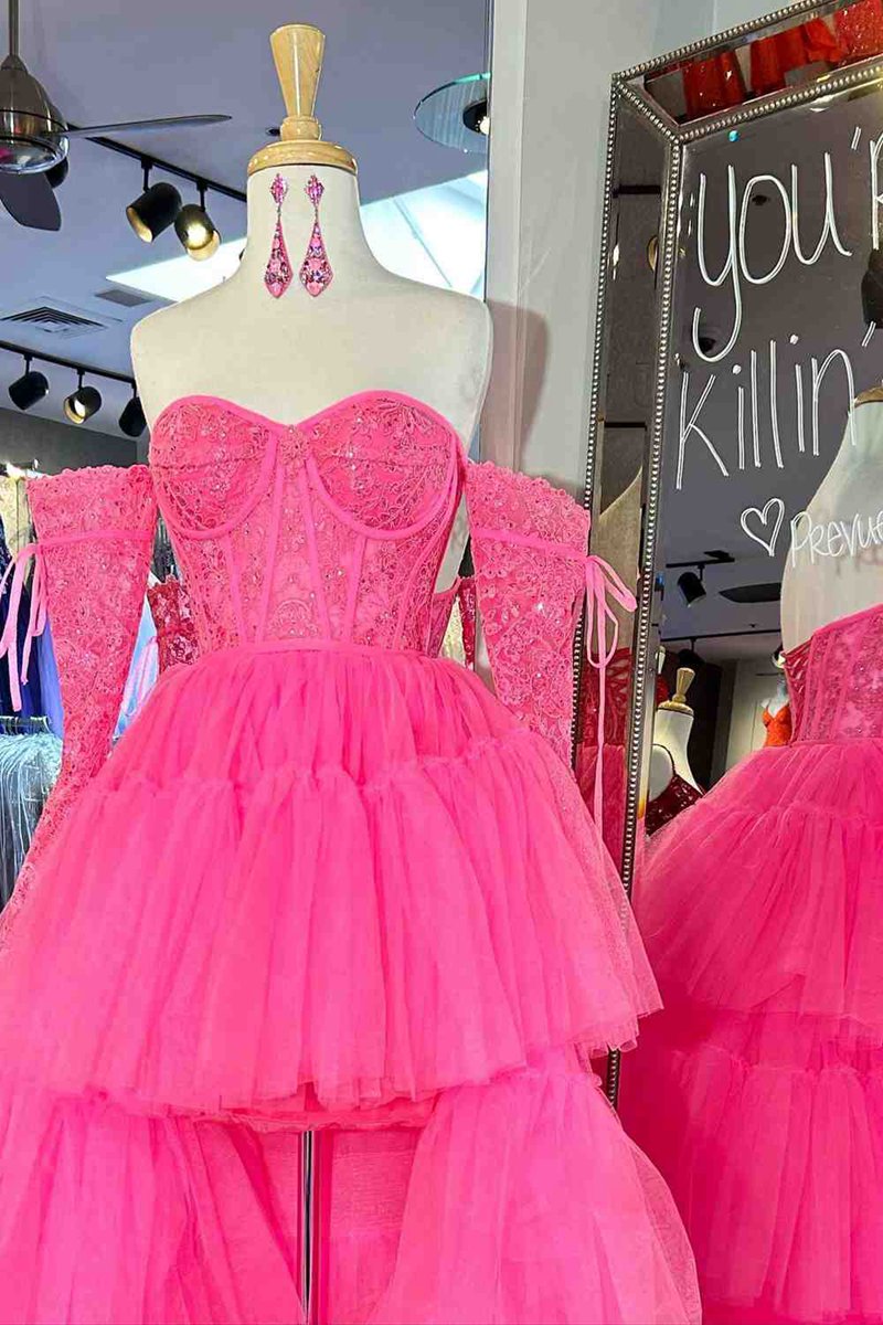 Off-Shoulder A-line Tulle Layered rs Applique Hi-Low Prom Dresses