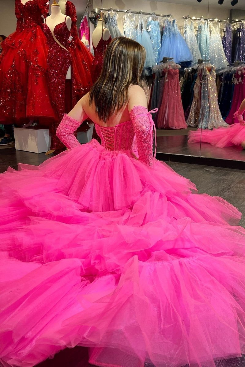 Off-Shoulder A-line Tulle Layered rs Applique Hi-Low Prom Dresses