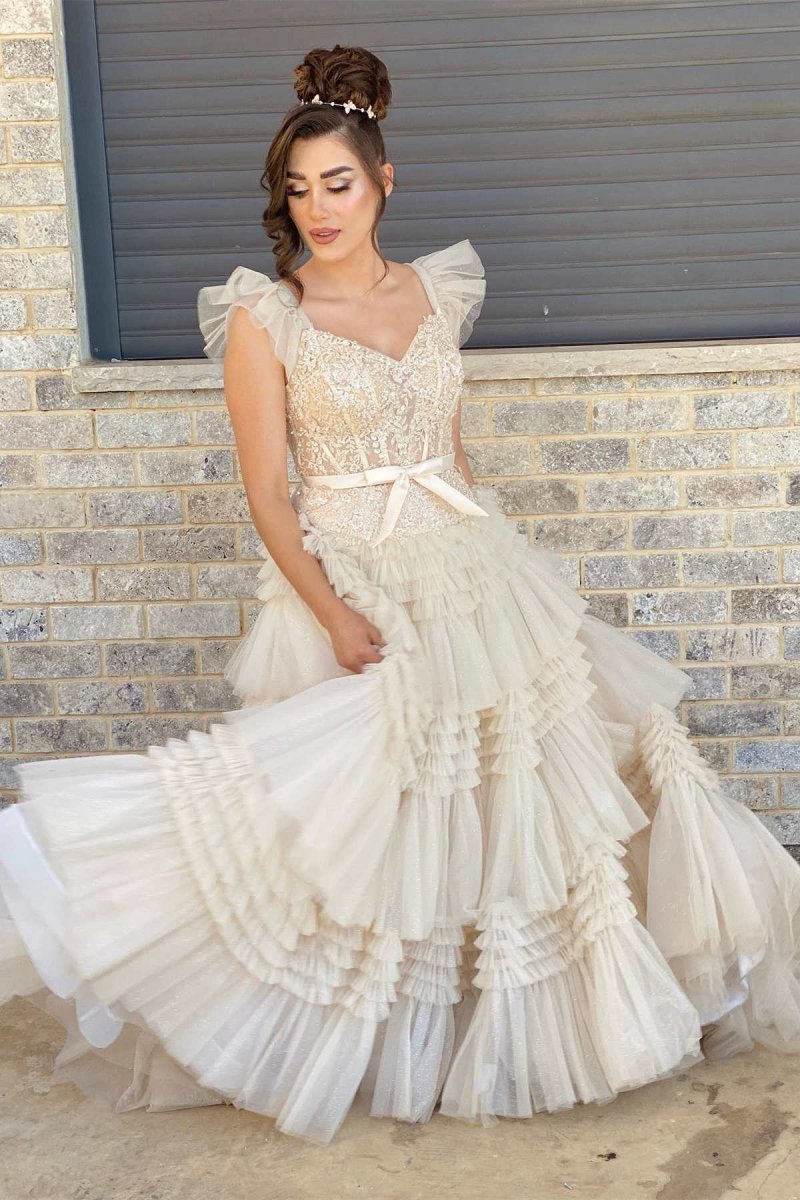 V-Neck Appliques Tie Tulle Prom Dresses with Flying Sleeves