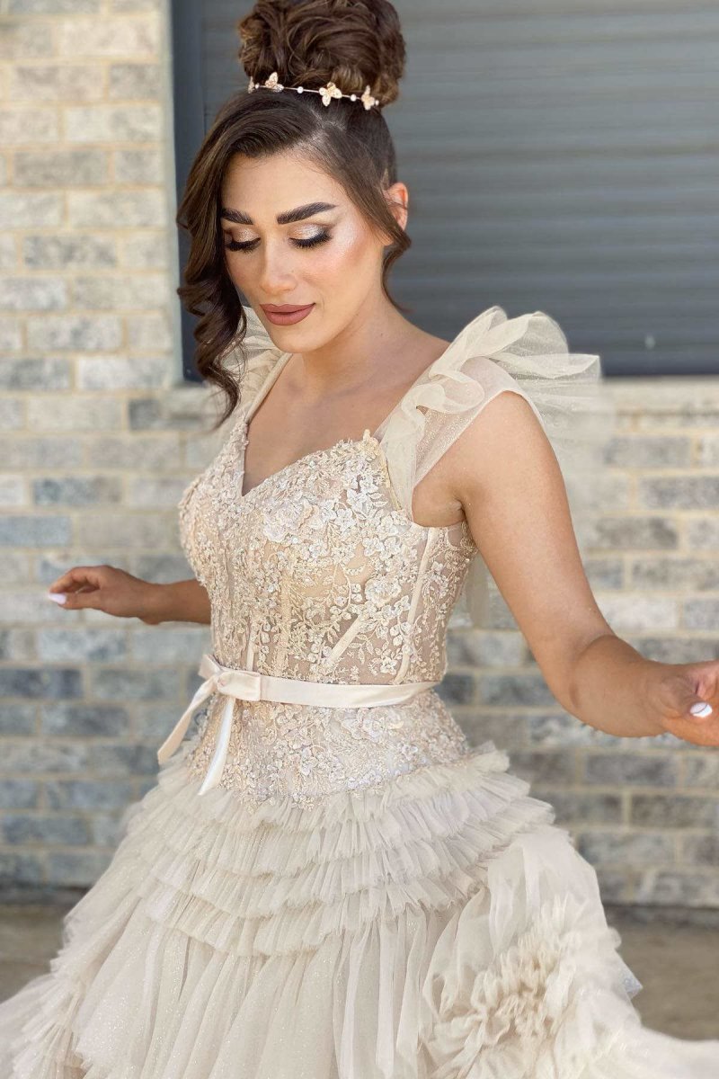 V-Neck Appliques Tie Tulle Prom Dresses with Flying Sleeves