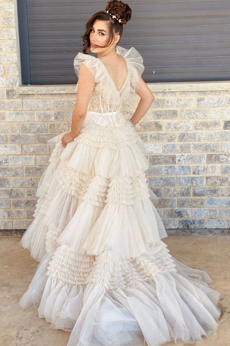 V-Neck Appliques Tie Tulle Prom Dresses with Flying Sleeves