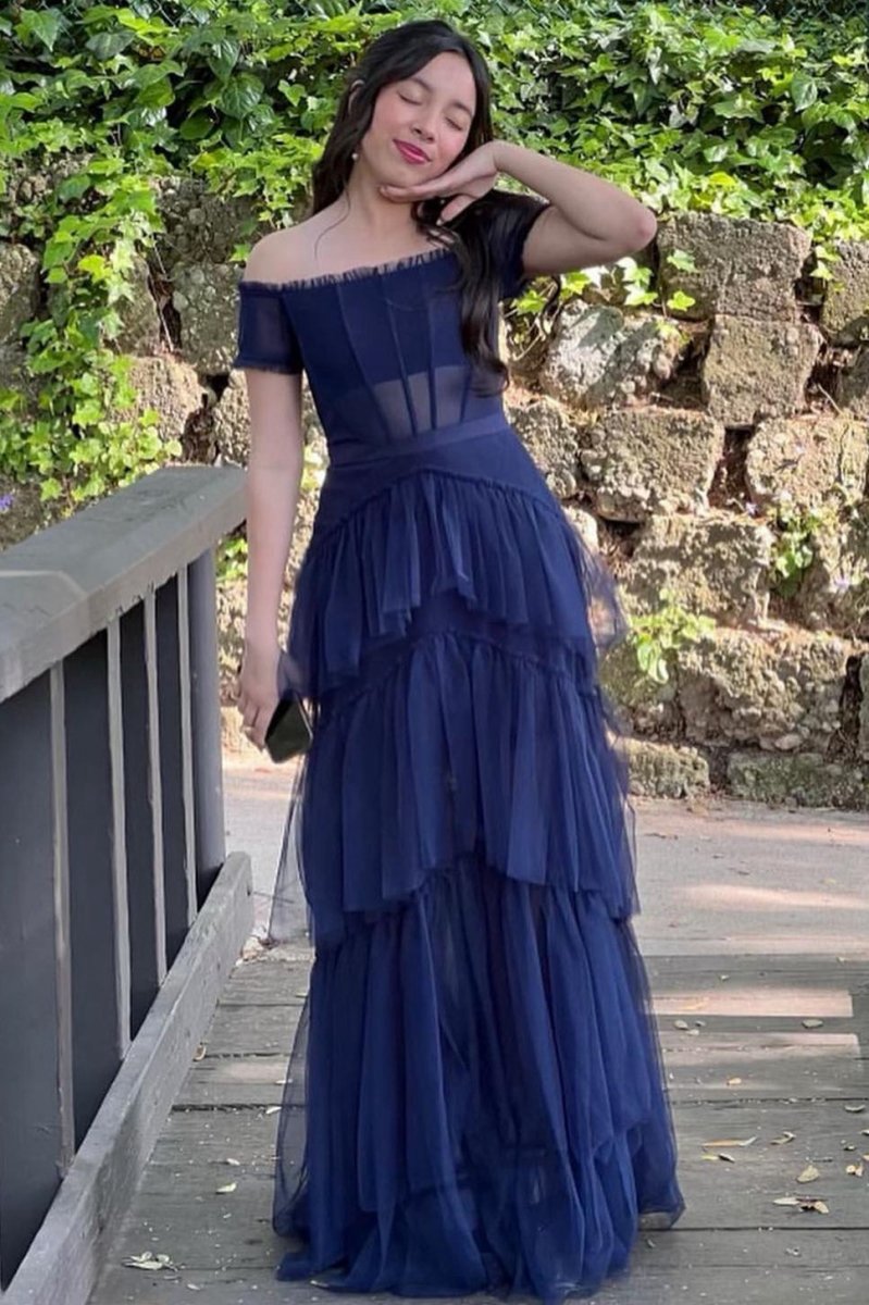 Off the Shoulder Tie Tulle Lond Prom Dresses