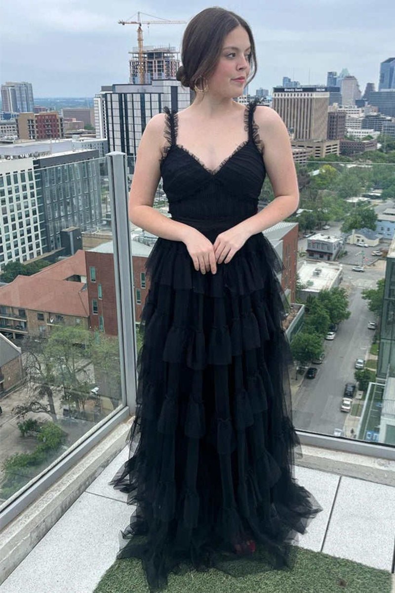 V-Neck Layered Tulle A-line Prom Dresses