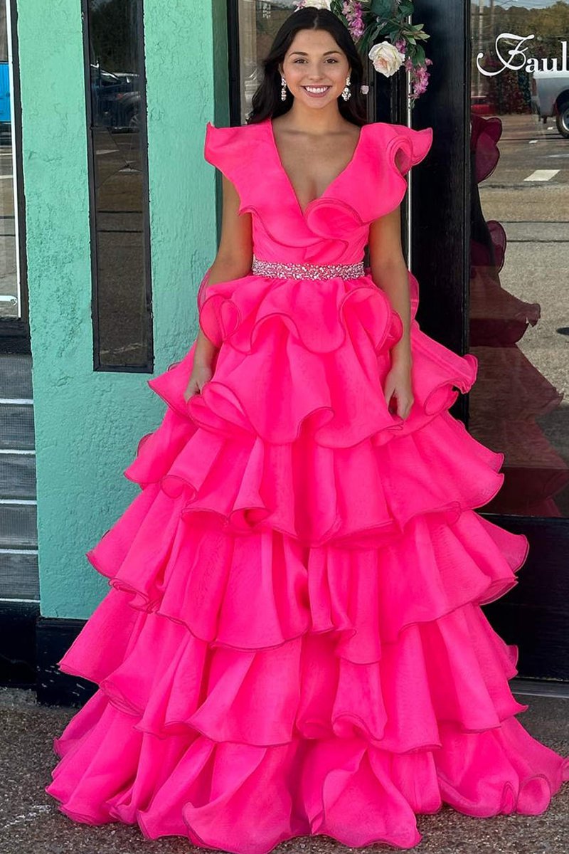 V-Neck Ruffle Tie Long Prom Dresses with Beaded Waist