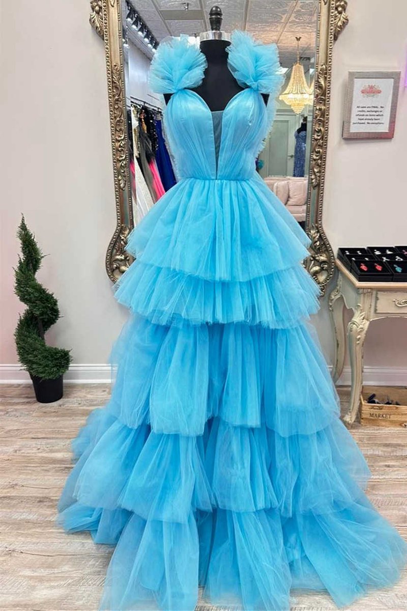 Ruffle Straps A-line Tie Prom Dresses