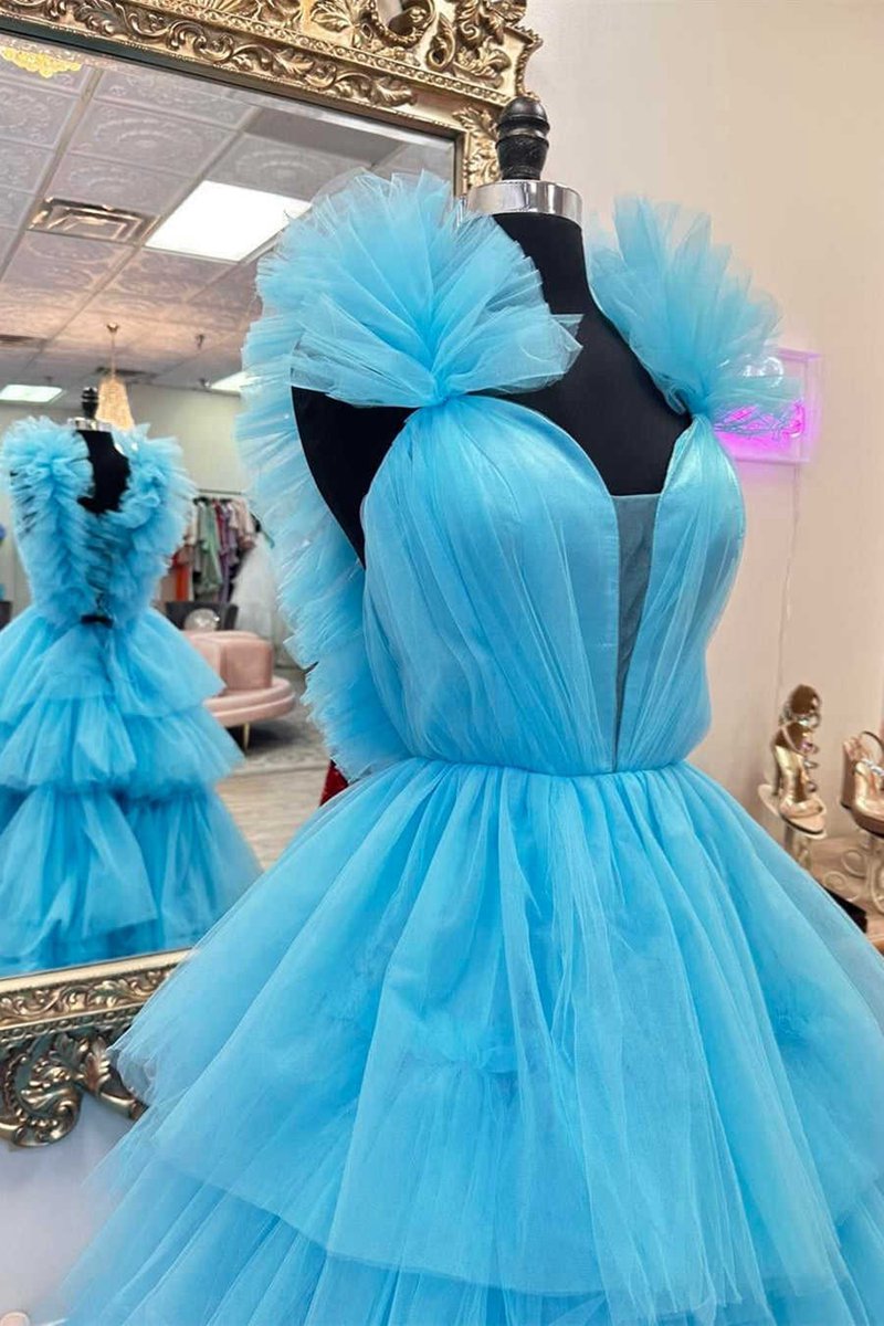 Ruffle Straps A-line Tie Prom Dresses