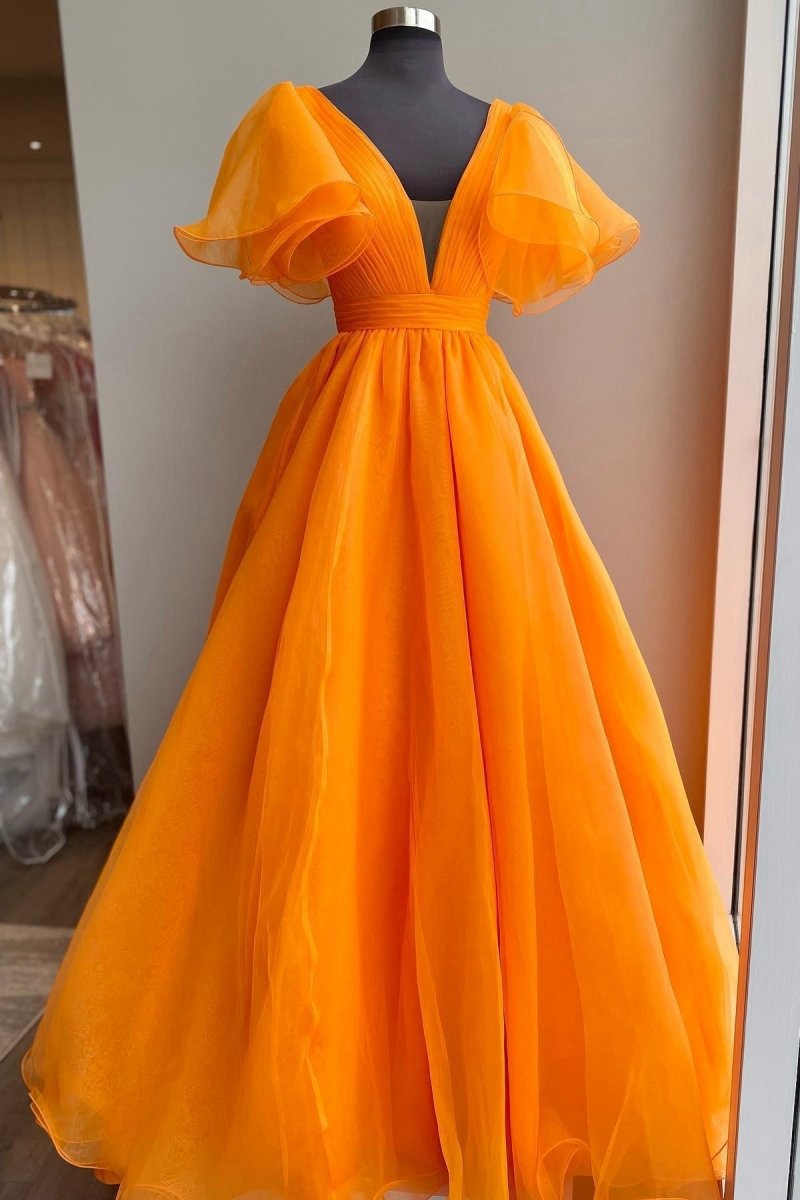 Plunge V Ruffled Sleeve A-line Long Formal Dresses