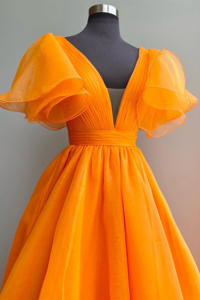 Plunge V Ruffled Sleeve A-line Long Formal Dresses