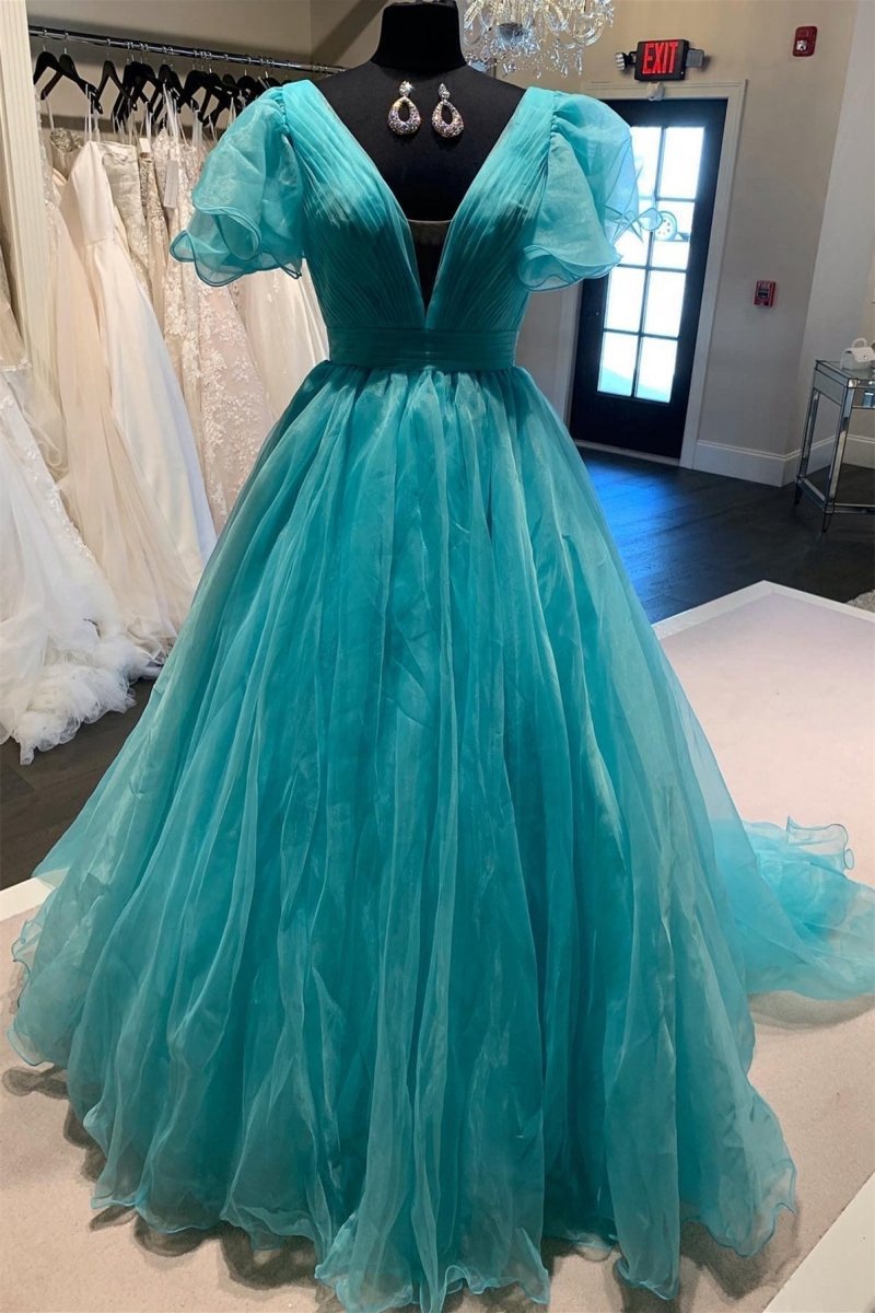 Plunge V Ruffled Sleeve A-line Long Formal Dresses
