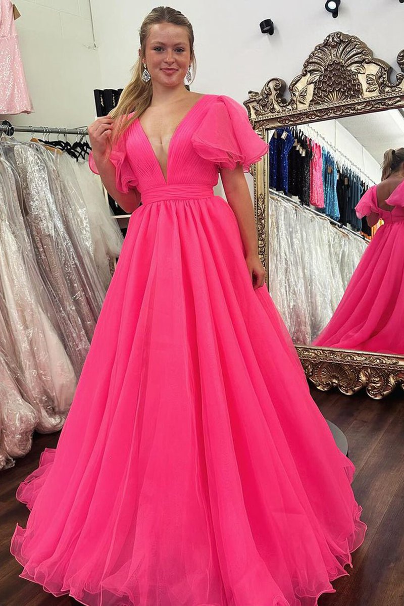 Plunge V Ruffled Sleeve A-line Long Formal Dresses