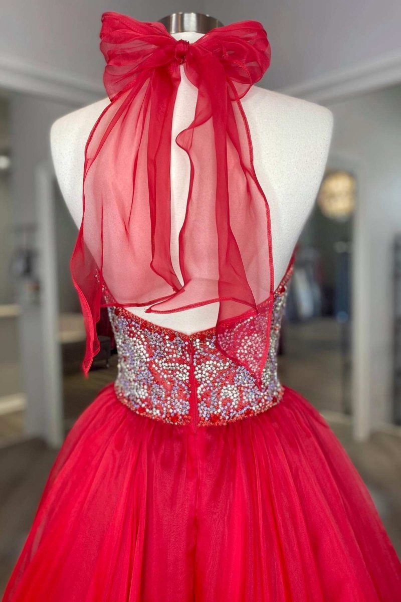 Beaded Halter Backless A-line Long Prom Gown