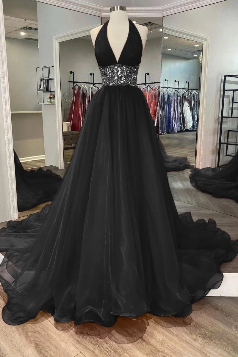 Beaded Halter Backless A-line Long Prom Gown
