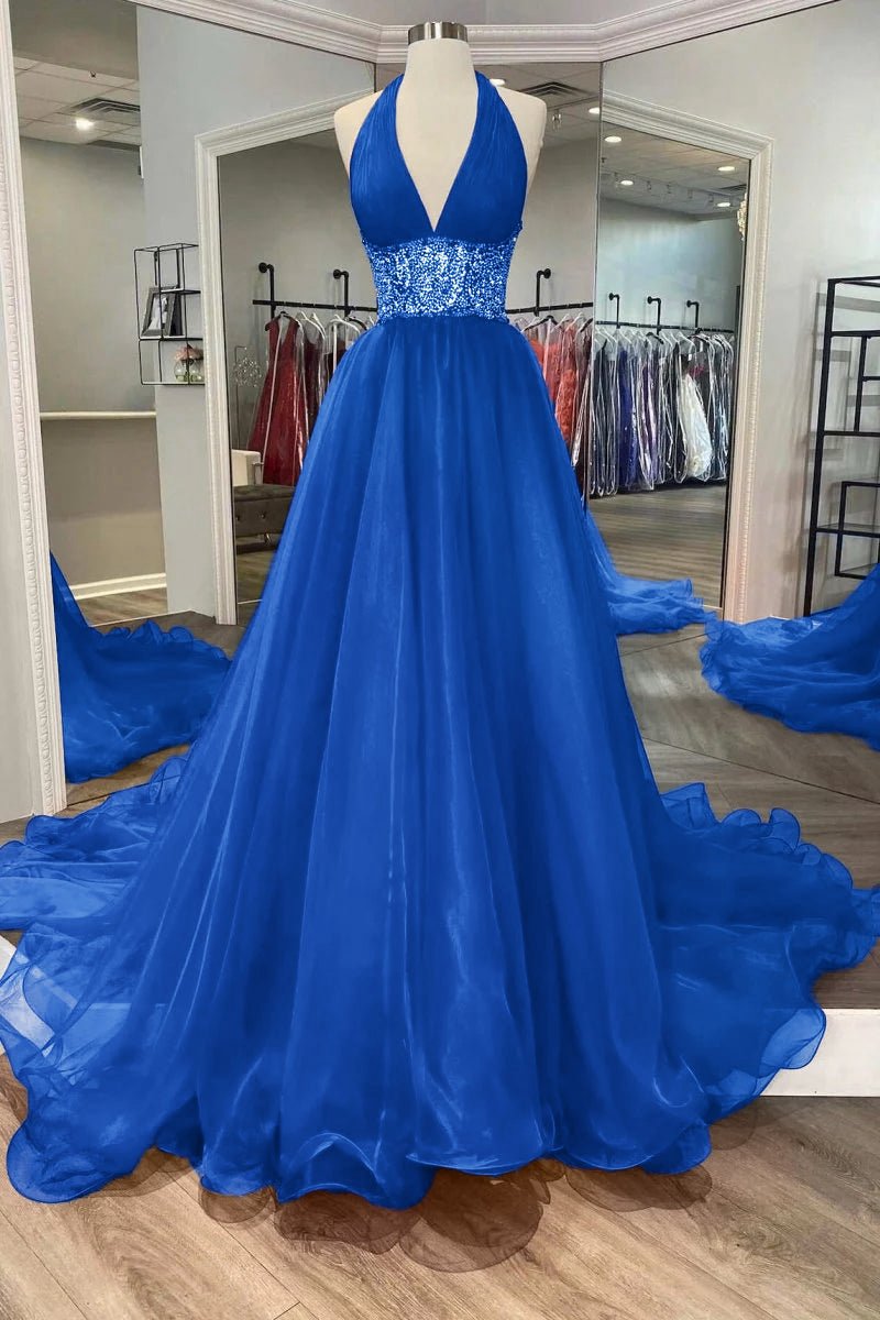 Beaded Halter Backless A-line Long Prom Gown