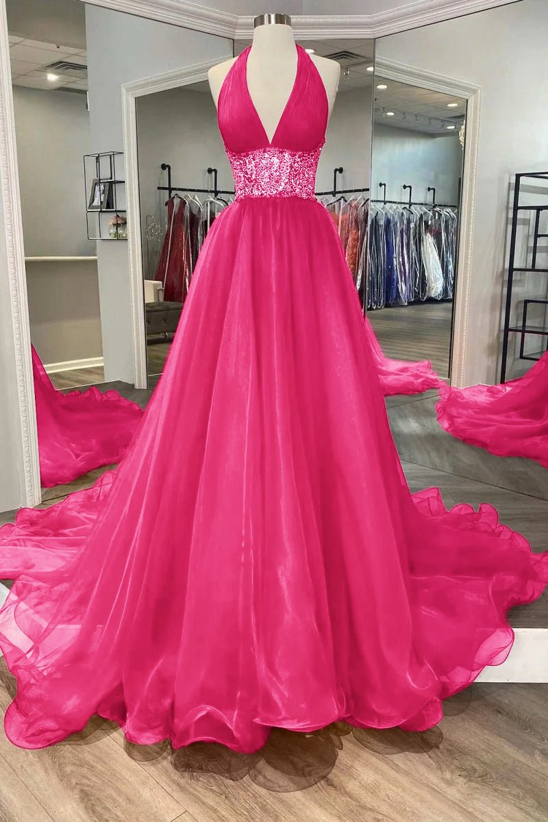 Beaded Halter Backless A-line Long Prom Gown
