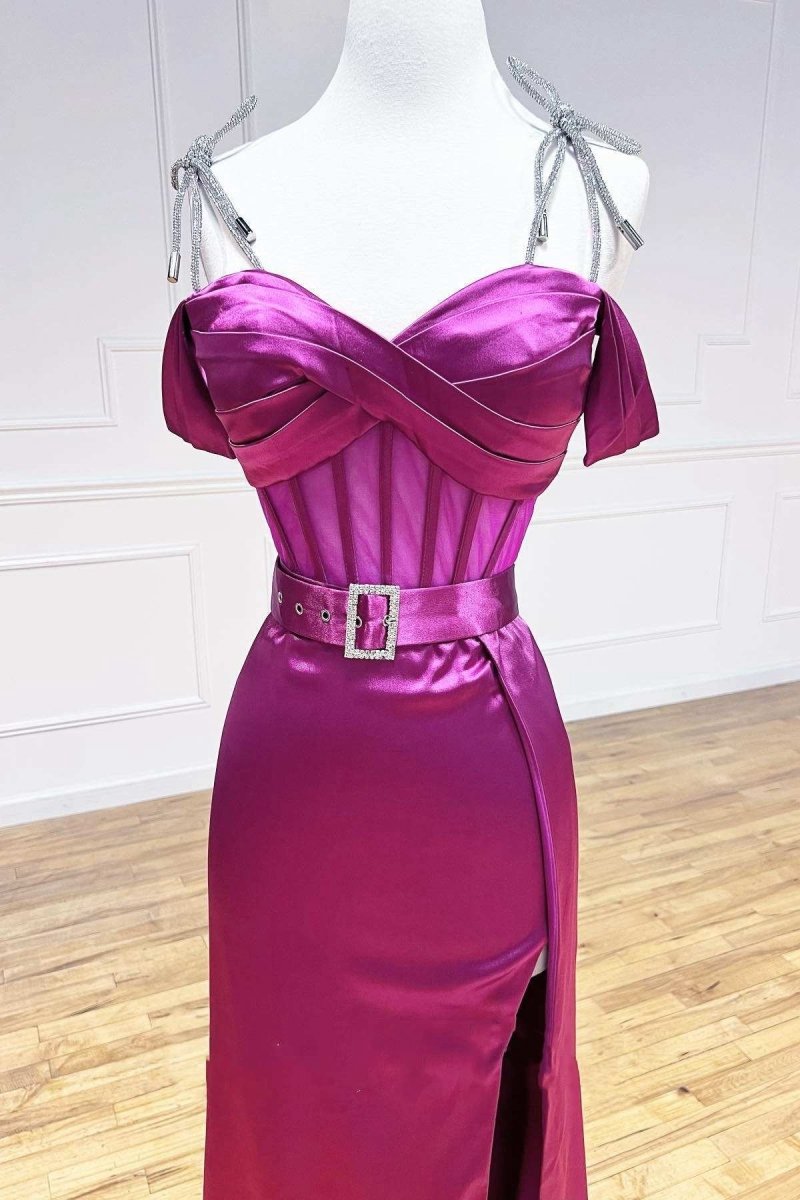 Sweetheart Belted A-line Prom Dresses with Slit