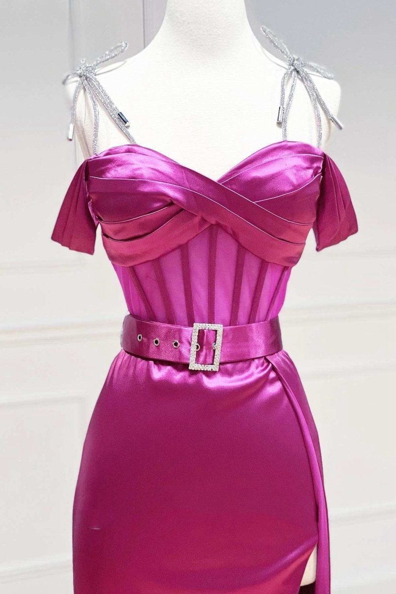 Sweetheart Belted A-line Prom Dresses with Slit