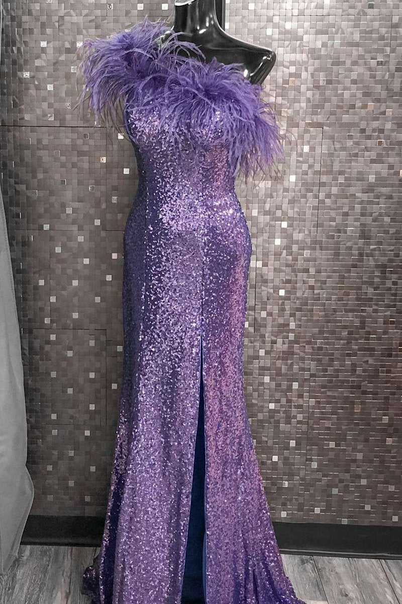 Sequin Feather One-Shoulder Prom Dresses with Slit