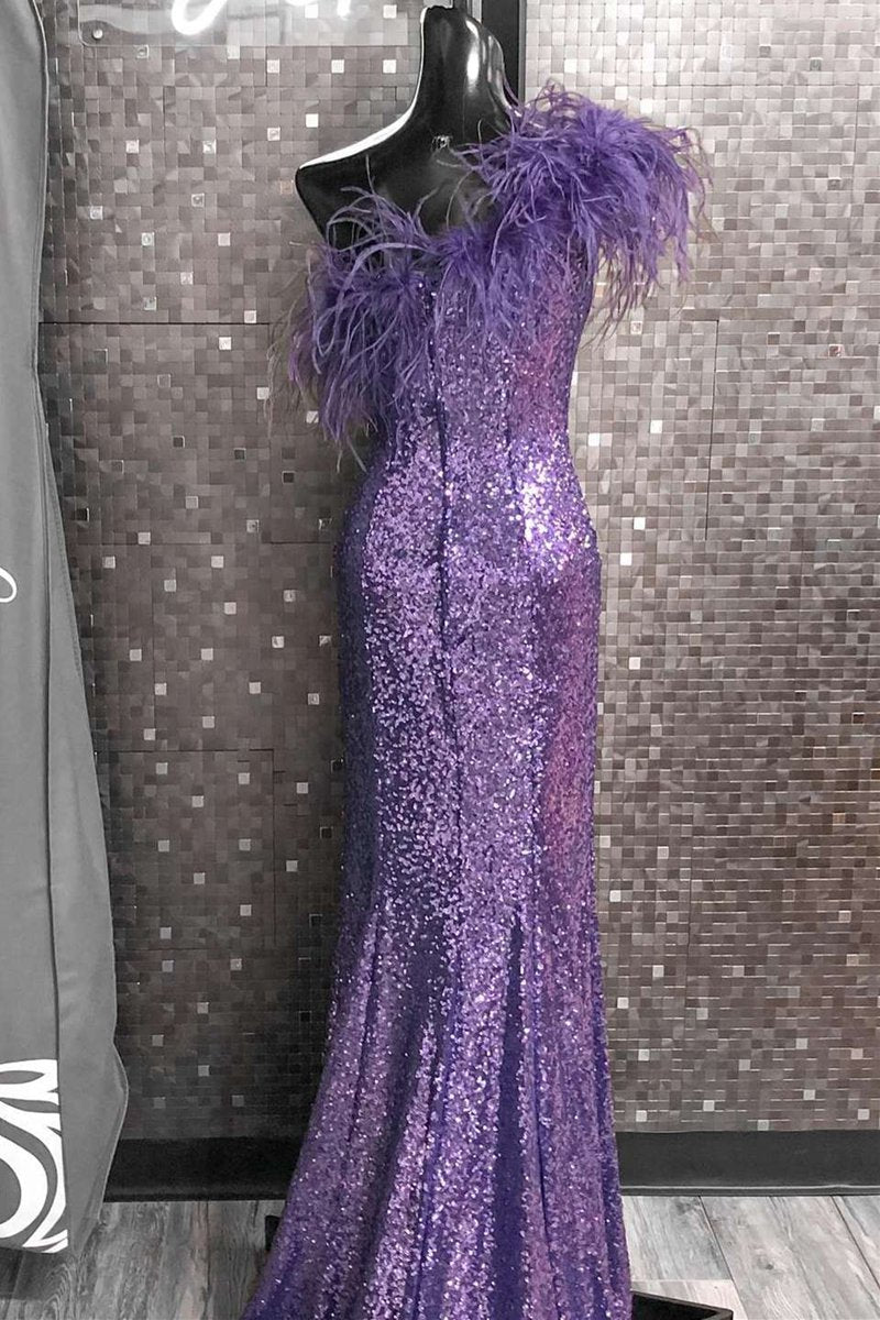 Sequin Feather One-Shoulder Prom Dresses with Slit