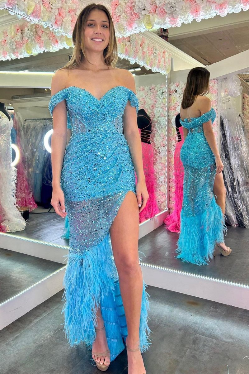 Sequin Feather Off-the-Shoulder Maxi Dresses with Slit