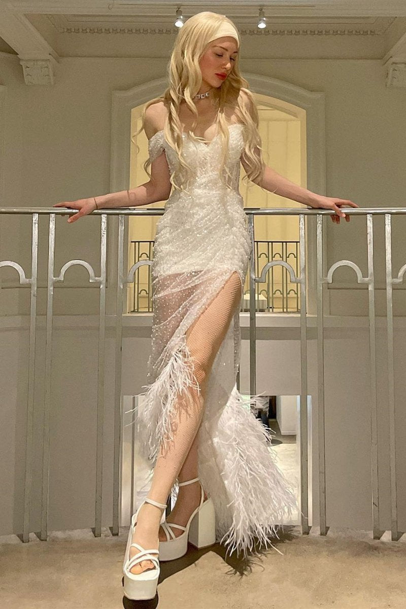 Sequin Feather Off-the-Shoulder Maxi Dresses with Slit