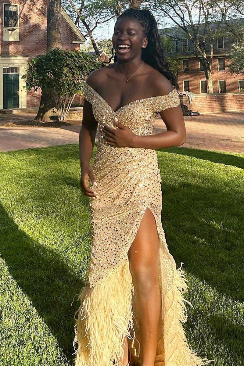 Sequin Feather Off-the-Shoulder Maxi Dresses with Slit