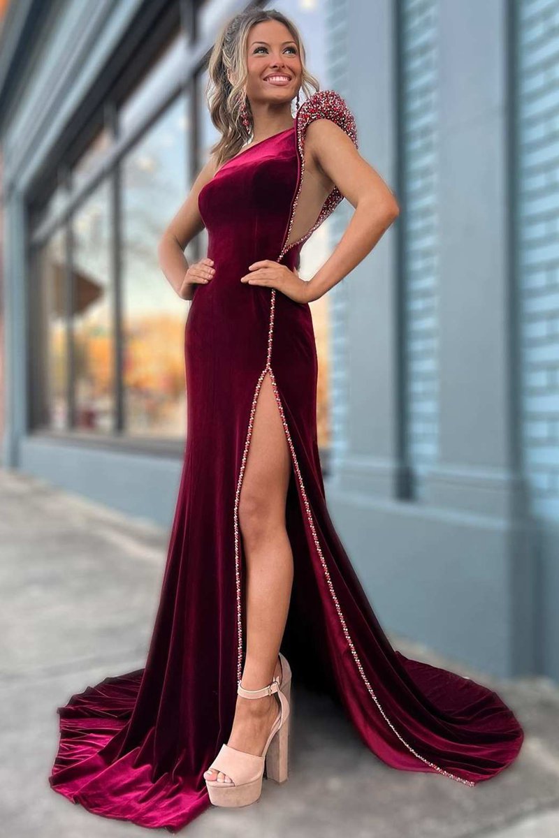 Wine Velvet Beaded One-Shoulder Long Formal Dresses with Slit