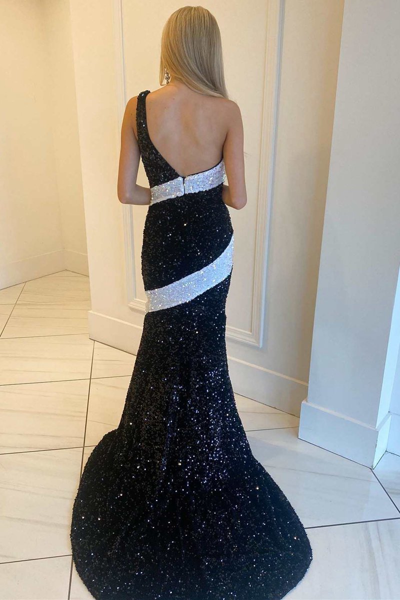 and Sequin One-Shoulder Mermaid Long Prom Gowm